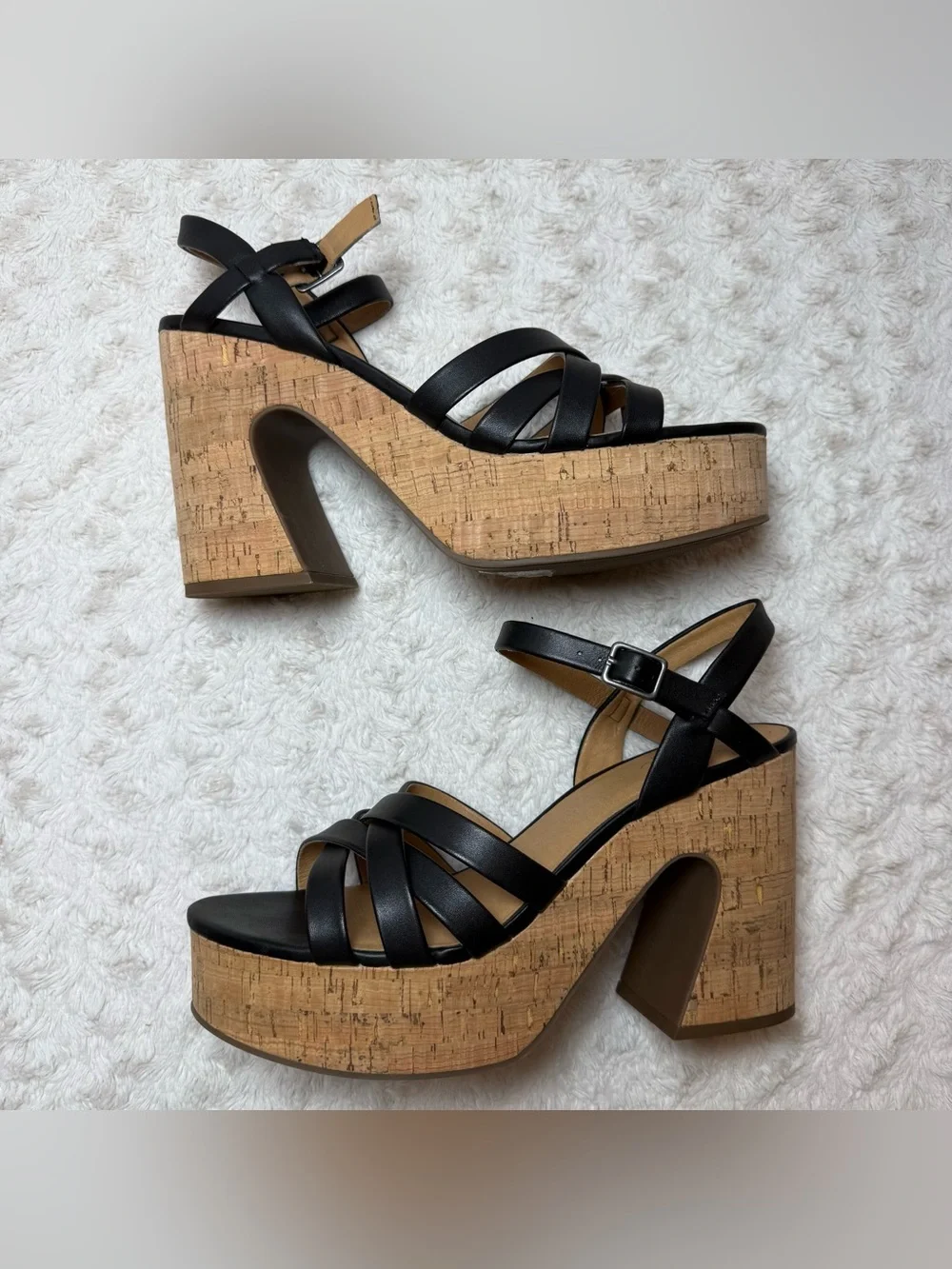Crown Vintage Black Strappy Cork Platform Heels
